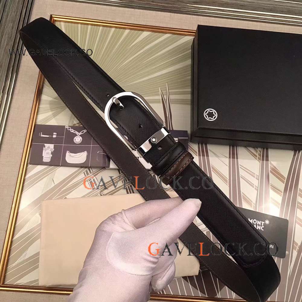 Replica Montblanc Horseshoe Belt Black Belt w/ Silver buckle